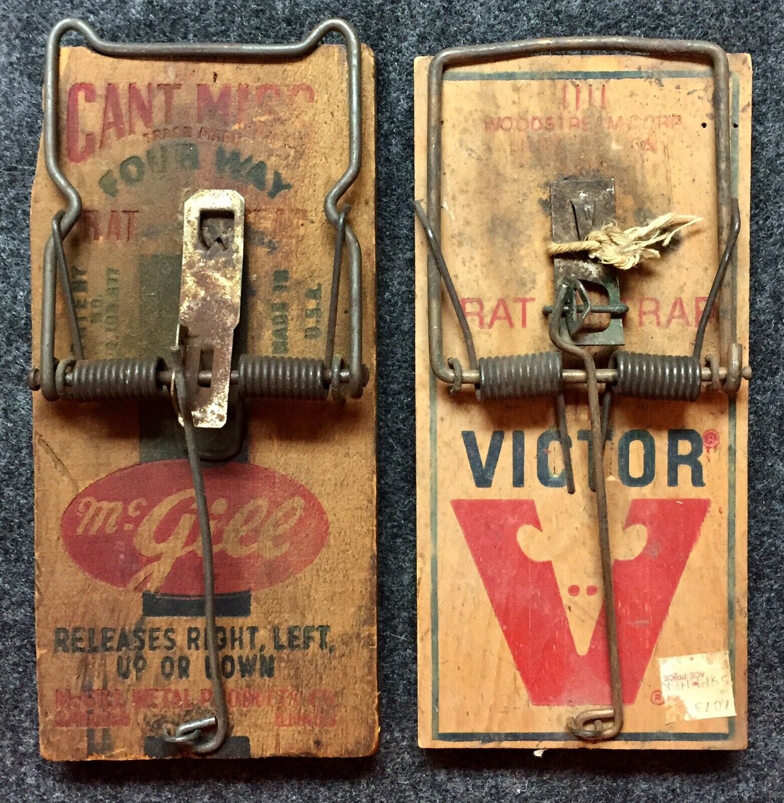 2 Vintage Wooden Rat Traps VICTOR, McGILL Four Way Can’t Miss Man Cave Decor FC