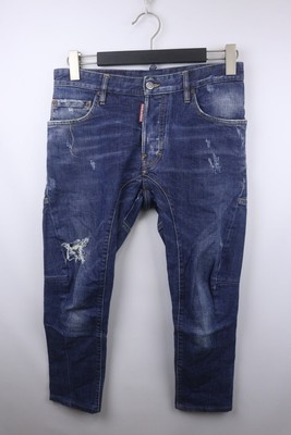 Dsquared2 Blue Denim Cotton Distressed Red Tab Straight Leg Biker Jeans Size 46
