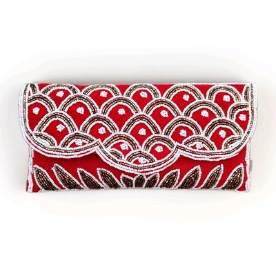 Luxury Red Velvet Beaded Clutch Purse   Handmade Indian Wedding Party Bag 