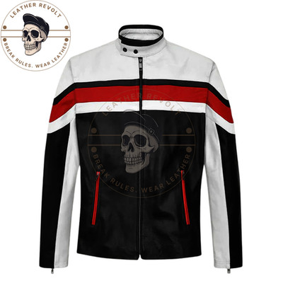 Men s Black Red White Leather Racing Jacket Motorcycle Biker Cafe Racer Style