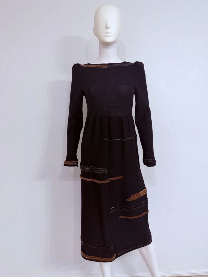 Adolfo Saks Fifth Ave Vintage 80s Hand Beaded Black Cotton Knit Midi Dress S/M - Image 2 of 4