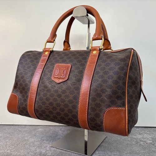 CELINE PVC Leather Mini Boston Handbag Brown Macadam Gold Hardware Vintage