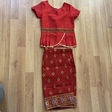 Girls Traditional Lao, Thai Khmer Skirt and Top Adjustable Waist In Red  Gold