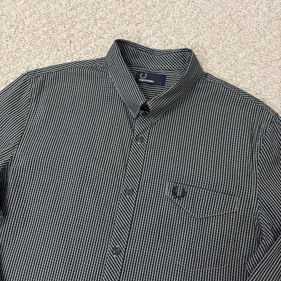 Fred Perry Karohemd Herren Large Grün Grau Langarm Button Down Mod 60s Ska