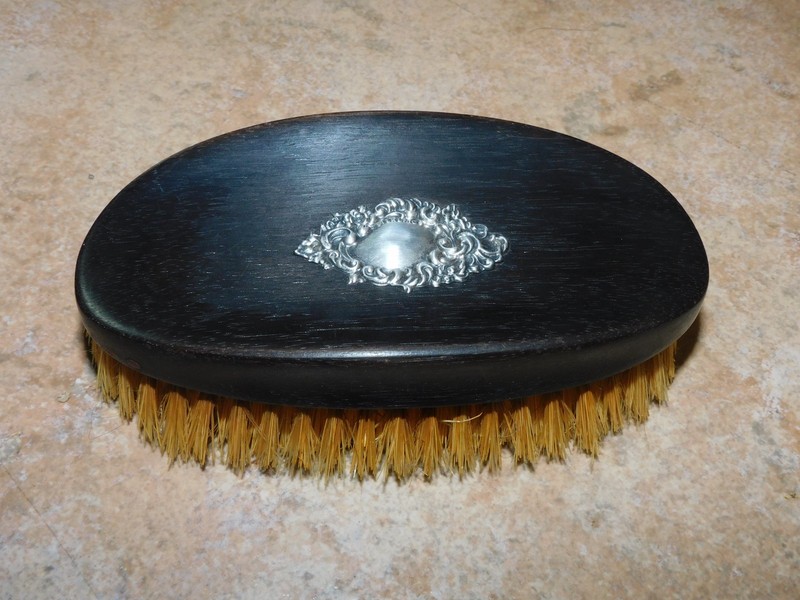 ANTIQUE FRANCE REAL EBONY HORSEHAIR, STERLING ADORNMENT CLOTHES BRUSH