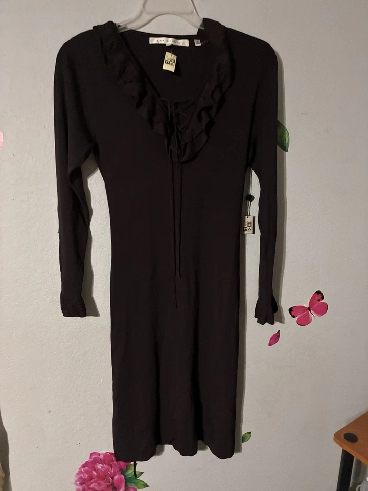 Max Studio Damen braun Langarm Rüschen Kragen Kleid Größe Large  - Bild 3 von 4