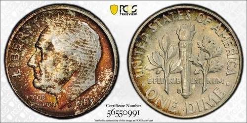 1963-D PCGS MS66FB Rosevelt Silver Dime 10c - Album Toned