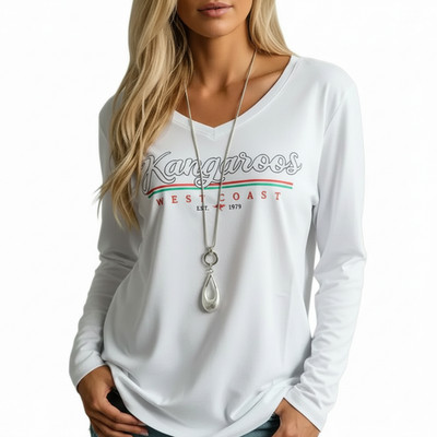 KangaROOS Damen T-Shirt Langarm Baumwolle Logo Weiß mit Muster Gr. 32-52 (3920)