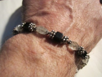 STERLINGSILBER ONYX & ACHAT UND KRISTALL ARMBAND 7'' HANDGELENK - BBA-17B