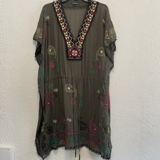 Warehouse Size S 100 Silk Tunic Beach Cover Up Green Boho Hippy Embroidered