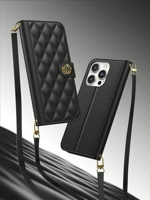 Black Quilted Flip Phone Case With Camellia Clasp And Crossbody Lanyard