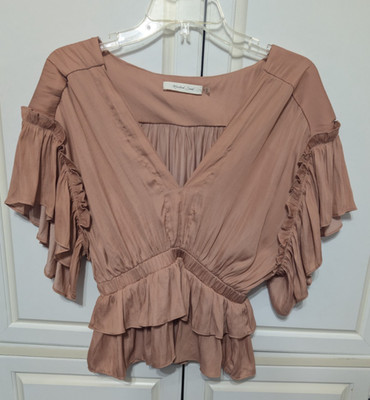 Mustard Seed Boho Satin Billowy Size Small Flowy Blush Pink Peplum Blouse Top