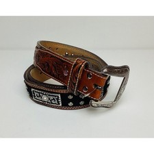 Nocona Women's Concho Leather Rhinestone Silver Floral Buckle 2-Tone Belt Sz 38