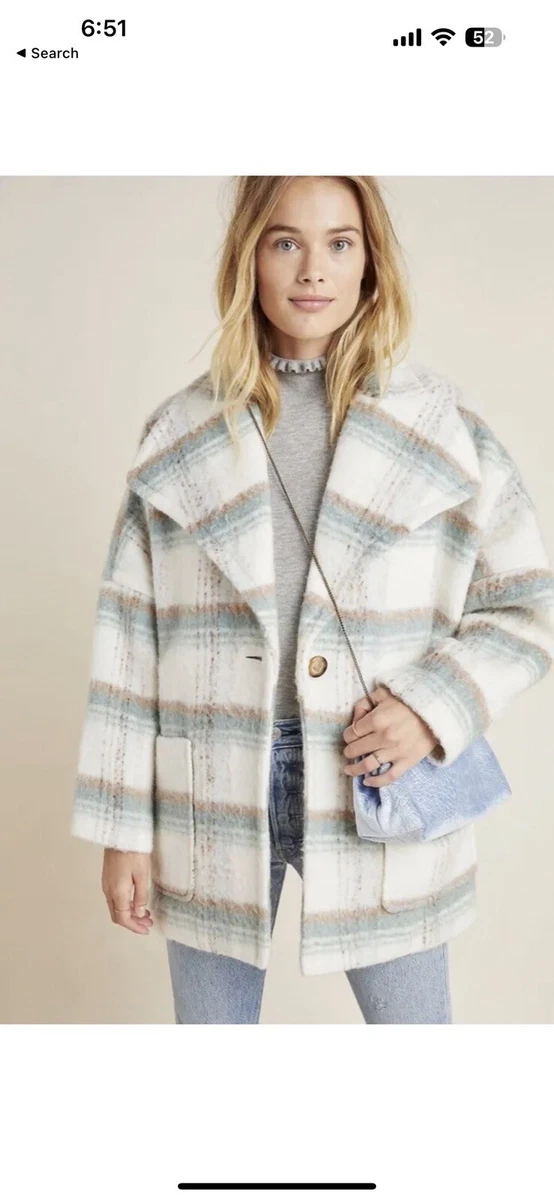 Anthropologie Elsa Plaid Coat Oversized Fuzzy Button Ivory Green