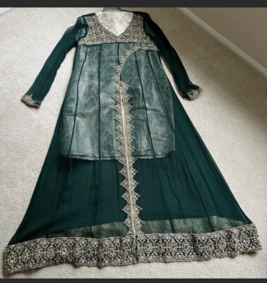Pakistani shalwar kameez gown dress green wedding formal womens size medium  6 | eBay