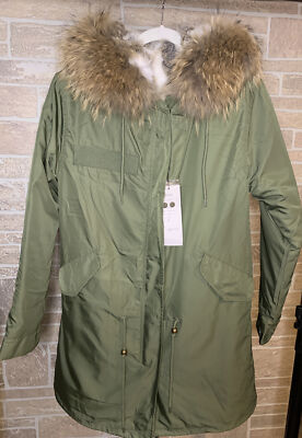 Women's Real Rabbit Fur Coat Jacket Parka W/ Genuine Raccoon Fur Hood