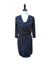 WHBM Black Abstract Geo-Print Sheath Dress SIZE XS 570162634 Wrap 3/4 Sleeves