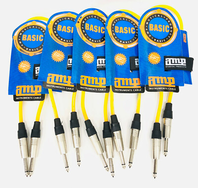 5 Pack 1/4'' TS Mono Yellow 20-inch Male to Male Instrument Audio Patch Cable 