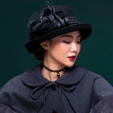 2023 Wool Cloche Hats Wide Brim Fedora Hat Women Flower Bowler Cap Femme Black