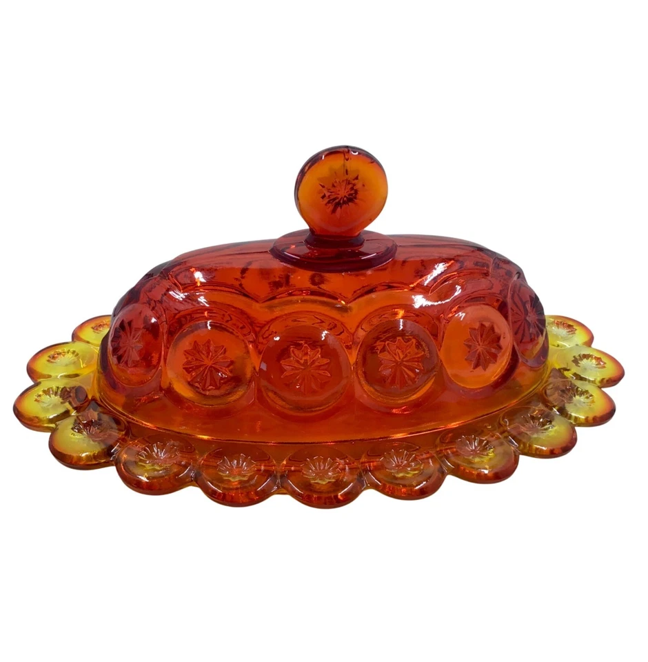 Vintage Amberina Glass Butter Dish With Lid Oval Moon & Stars 9.25”UV Glows - Image 2 of 4