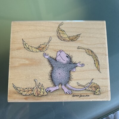 House Mouse- Wood Rubber Stamp TURNING OVER A NEW LEAF Fall Leaves