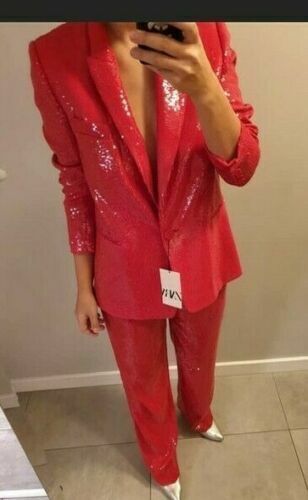 ZARA NEW WOMAN RED MID RISE SEQUINNED TROUSERS PANTS 7803/051 RARE