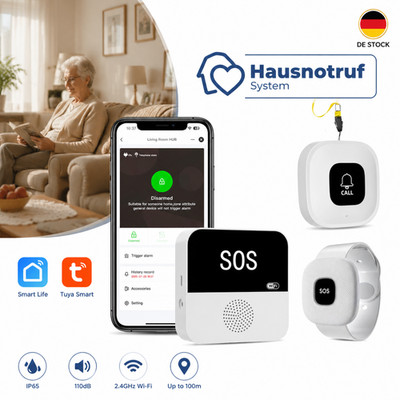 Wifi Notrufknopf für Senioren SOS Hausnotruf, Station + Knöpfe + Armband 2.4GHz