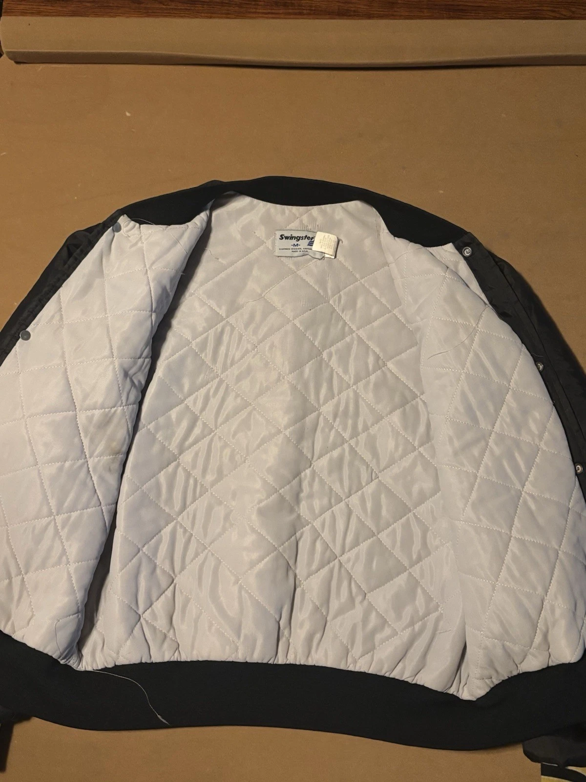 Swingster Men's M Black/Yellow Satin Bomber Jacket Snap Front Quilted Lined image 5