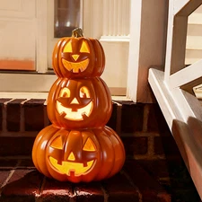 Halloween 3 Tier Pumpkin Tower Jack O Lantern Light Up LED Indoor Outdoor 14in