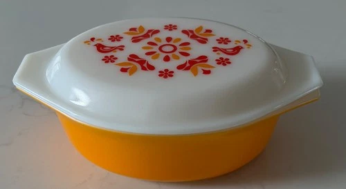 VTG Pyrex Ovenware 043 Friendship Birds 1-1/2qt Casserole Dish W/Milk Glass Lid
