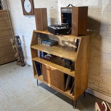 Vintage Record Cabinet Sideboard Solid Oak 1970’s Bookcase Stereo Storage Shelve