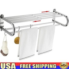Retractable Stainless Steel Towel Rack Heavy Duty Wall Mount W/ Hooks Shelf US