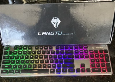 LANGTU Keyboard Gaming Rainbow Backlit USB Wired Black Keys Silver Frame