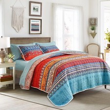 2 Pieces Colorful Bohemian Quilt Set Twin Size, Boho Striped Blue n Red Printed