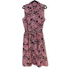 Tommy Hilfiger Shirt Dress 14W Button Up Sleeveless Blue Pink Paisley Tie Belt