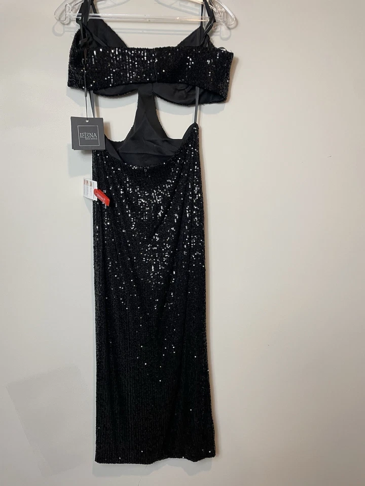 全新 Ieena 适用于 Mac Duggal Open Midriff 黑色亮片礼服 尺寸 6 零售 $298 — 第 3/4 张图片
