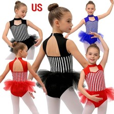 US Striped Gymnastics Leotards Girls Sparkly Hollow Back Dance Leotard Unitards