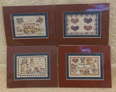 4 Pc Small Country Folk Art Prints w/Burgundy Mats 5x4 Sealed - NEW