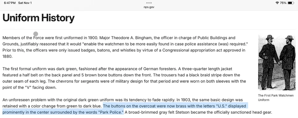 1-й выпуск полиции национального парка США (Вашингтон, округ Колумбия) латунное пальто кнопка 23 мм 1903 - Изображение 2 из 4