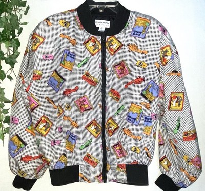 Vintage 80- 90s Carol Horn Workshop 100% Silk Travel Theme Bomber Jacket sz L