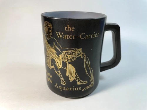 Vintage Federal Glass Zodiac Aquarius Black Gold Coffee Mug 1970s Astrology