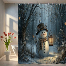 Whimsical Snowman in Winter Forest with Lantern Christmas Holiday Shower Curtain
