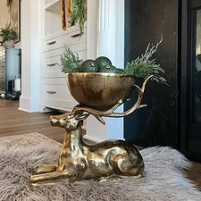 Antiqued Decorative Metal Buck Bowl – 16" Gold Deer Accent Bowl Woodland Decor