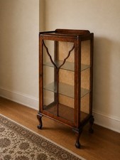 Vintage Wood Display Cabinet 1940s Queen Anne Style With Carved Cabriole Legs