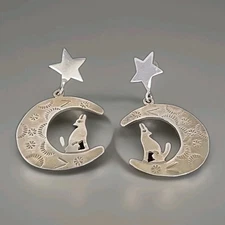 Vtg Sterling Coyote Cresent Moon Earrings Star Post  Dangle Mexico 925
