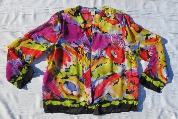 LAURA ASHLEY PL LP 大胆彩色印花透明丝绸衬衫夹克上衣羽毛重量 — 第 3/4 张图片