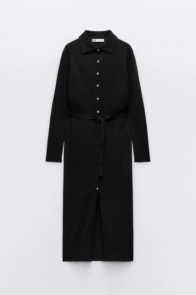 ZARA BLACK RIBBED KNIT SWEATER DRESS BUTTON FRONT MIDI 3519/154 M NO BELT - Image 4 of 4