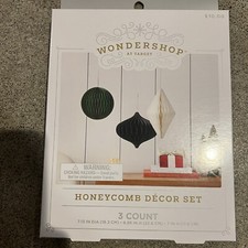 3 hanging paper Honeycomb Decor Set Wondershop Christmas green ivory black 7"
