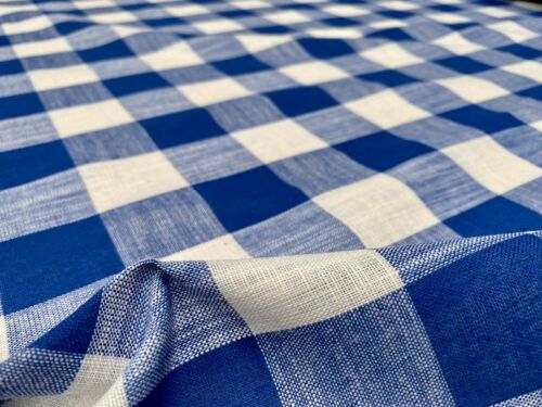 Gingham Checked Linen Fabric Plaid Buffalo Material 150cm wide BRIGHT BLUE White - Afbeelding 1 van 6