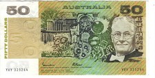 AUSTRALIA $50 Dollars VF/XF Banknote (1985) P-47e Johnston-Fraser Prefix YVY